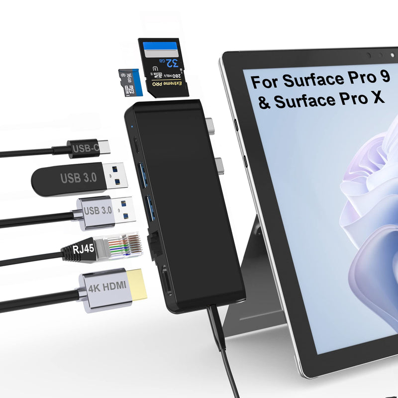Surface Pro 9 Docking Station,Surface Pro 9 10 11 Hub Adapter with 100 Mbps LAN, 4K HDMI,100W USB-C (Display+Data+PD Charging),USB 3.0,3.5mm Audio,SD/TF Card Reader for Microsoft Surface Pro 11/10/9 Surface Pro 10/9/X Hub with 100 Mbps LAN(Black)