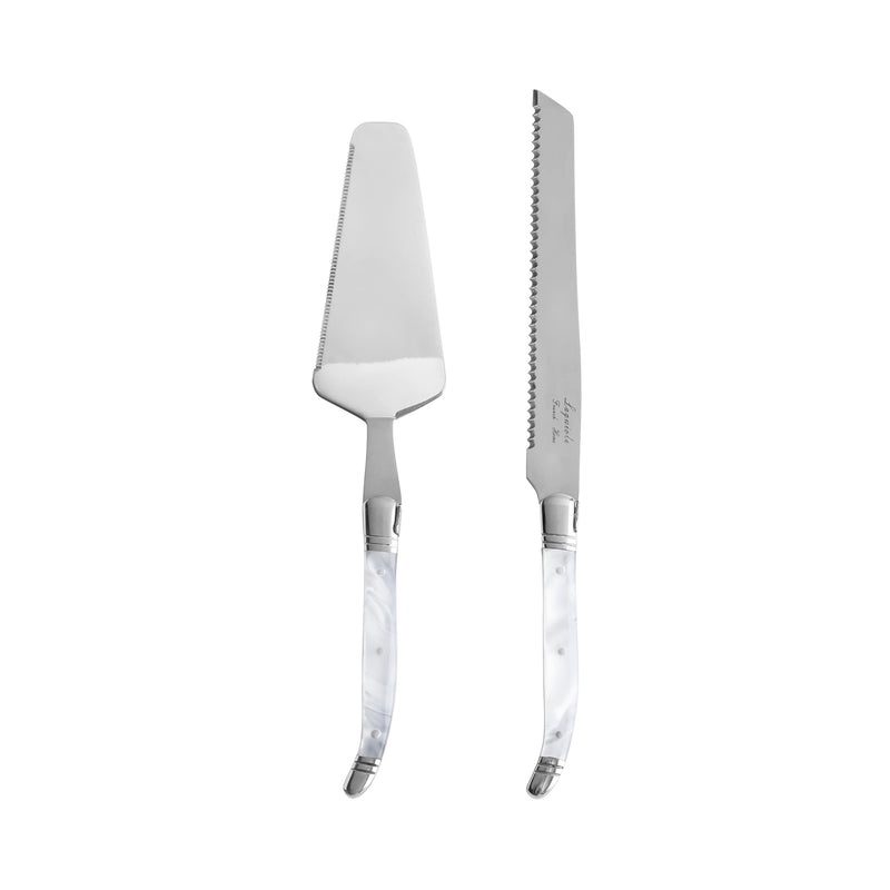 French Home Laguiole 2-Piece Cake Knife and Server Set – Luxurious Stainless Steel Cake Cutter & Server – Cake Cutting Set – Party, Home Dining, or Wedding Cake Knife and Server Set (Pearl White) Pearl White