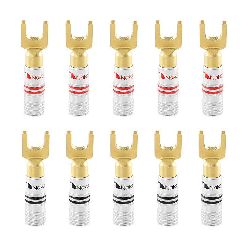 Nakamichi Excel Series 24k Gold Plated Spade Y Banana Plug 12-18 AWG Gauge Size 4mm for Speakers Amplifier Hi-Fi AV Stereo Home Theatre Audio Wire Cable Screw Connector, 10 Pcs (5-Pairs) 10 Pcs (5-Pairs)