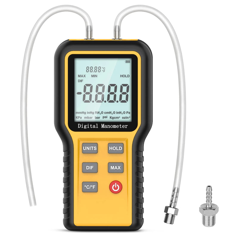 Differential Pressure Gauge Gas Pressure Gauge Dual Port Professional Pressure Gauge Air Pressure Meter 12 Selectable Units Differential Pressure Gauge with Battery & Backlight HVAC Yellow (12 units)
