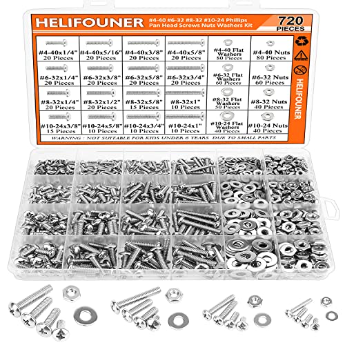 HELIFOUNER 720 Pieces #4-40#6-32#8-32#10-24 Phillips Pan Head Machine Screws Nuts Washers Assortment Kit, Coarse Thread, Fully Machine Threaded, 304 Stainless Steel #4-40 #6-32 #8-32 #10-24