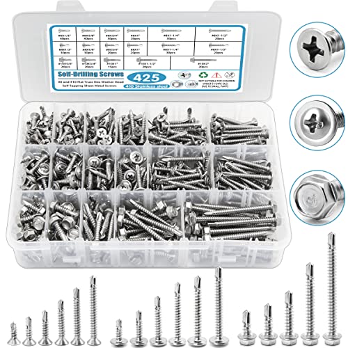 410 Stainless Steel Self Tapping Screws for Metal, #8#10 Self Drilling Assortment Set, 425PCS Truss, Hex & Flat Head Sheet Metal Screws, Length 1/2" to 2" Silver