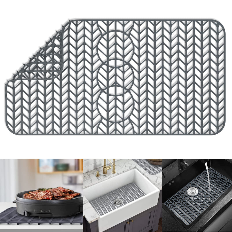 AWOKE Sink Protectors for Kitchen Sink - 29"x 15.35" Mat - Heat-resistant Easy-clean Silicone Sink Mat - for Protection of Stainless Steel Sink - with 3 Reserved Holes (Grey) 29 x 15.35