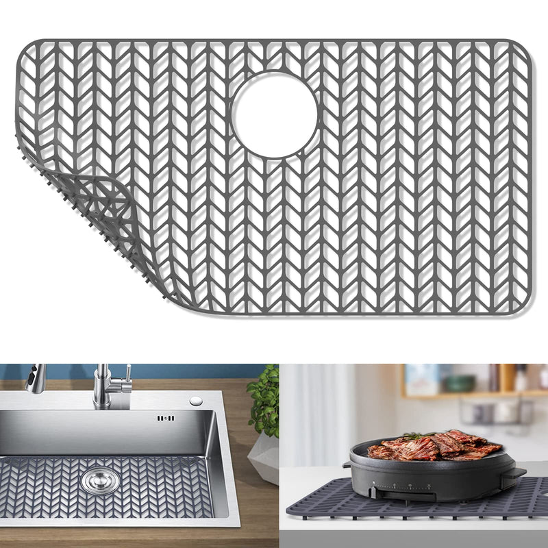 AWOKE Sink Protectors for Kitchen Sink, Kitchen Sink Protector Mat - 28.4"x15.2" Heat-Resistant Silicone Folding Non-Slip Mat for Stainless Steel Sink with Rear Drain (Grey) 28.4 x 15.2 Rear Drain