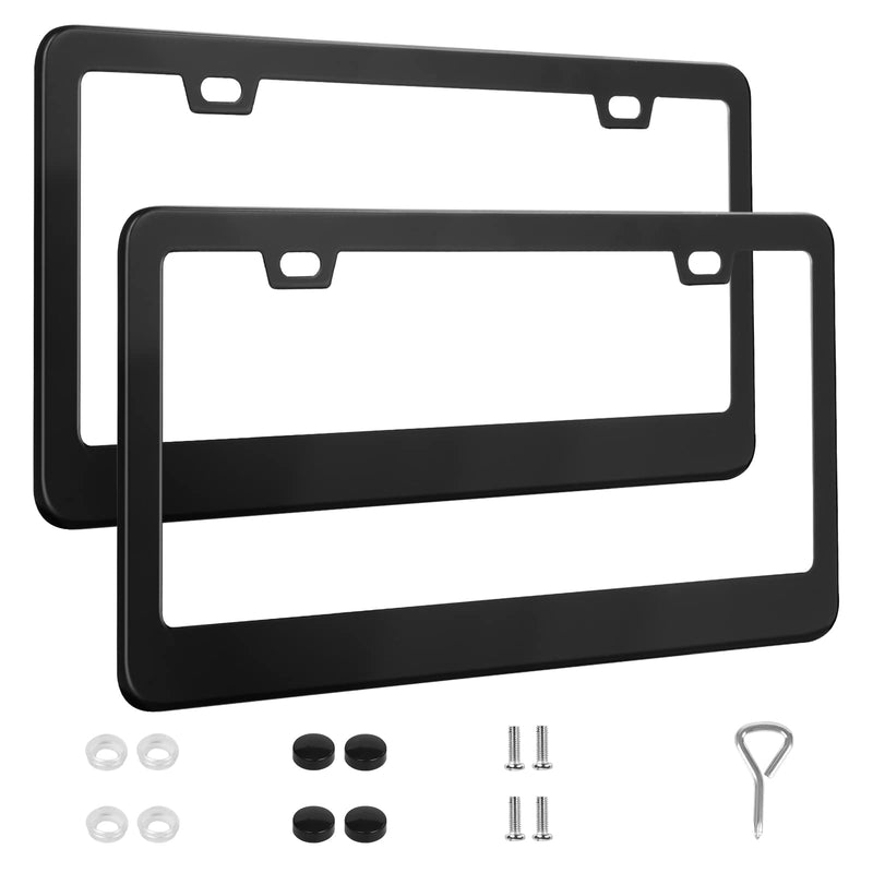 2 Pack License Plate Frames, Stainless Steel Car License Plate Cover Car Accessories with Screw Caps (Black) Black