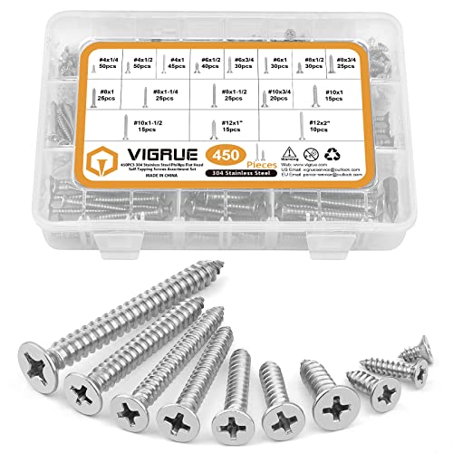 Phillips Pan + Flat Head Stainless Steel Wood Screws Assortment Kit, Sheet Metal Screws Self Tapping Screws Set, Reliable Assorted Fastener Kit with Various Length