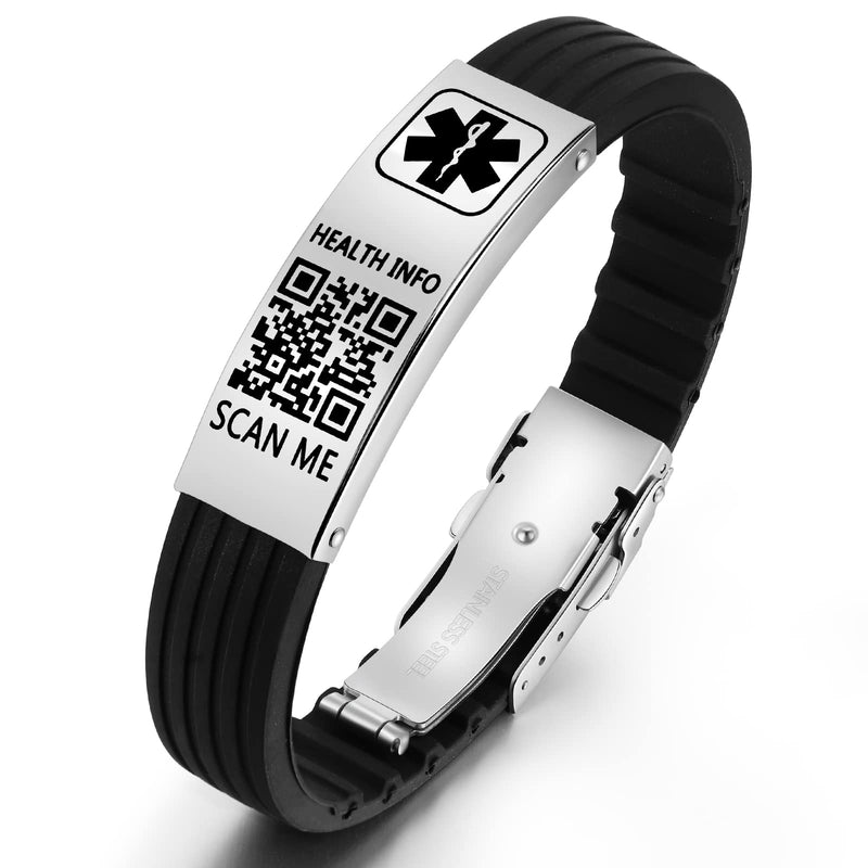 Medical Wristband with QR Code Emergency ID Silicone Waterproof Fits up to 9" Wrist Emergency Alert More Space for Sports Boys Girls Women Men 9" Butterfly Clasp - plus Black + Silver