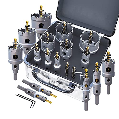 GSTK Upgrade Heavy Duty Carbide TCT Carbide Hole Saw Kit 10Pcs for Hard Metal, with 2*Extra Titanium Plated Pilot Center Drill and 2*L-Wrench 8-piece aluminum box set