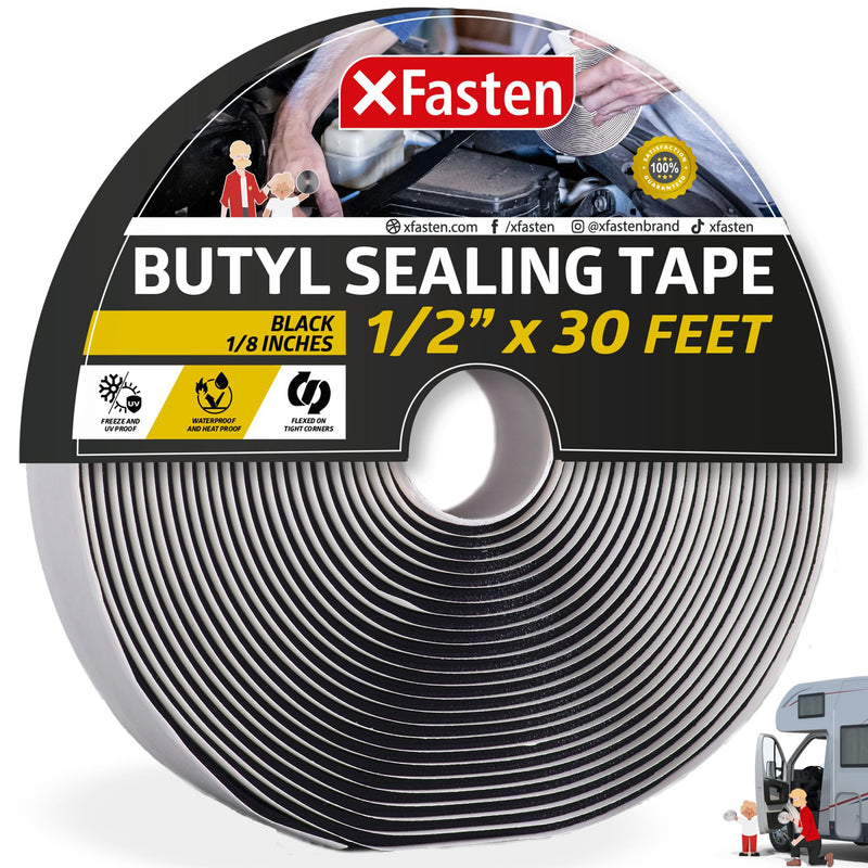 XFasten Butyl Tape Black 1/2” x 30’ x 1/8" Butyl Sealant Tape Headlight Sealant Putty Tape | Black Butyl Caulking Tape | Butyl Tape RV Putty Tape EPDM Automotive Butyl Rubber Window Sealant for RV 1/2” x 1/8” x 30', Single Pack