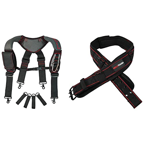 MELOTOUGH Gel Construction Work Suspender Tool Belt Suspenders with Gel shoulder pad Detachable Phone Holder and Padded Tool Belt with D ring for men construction
