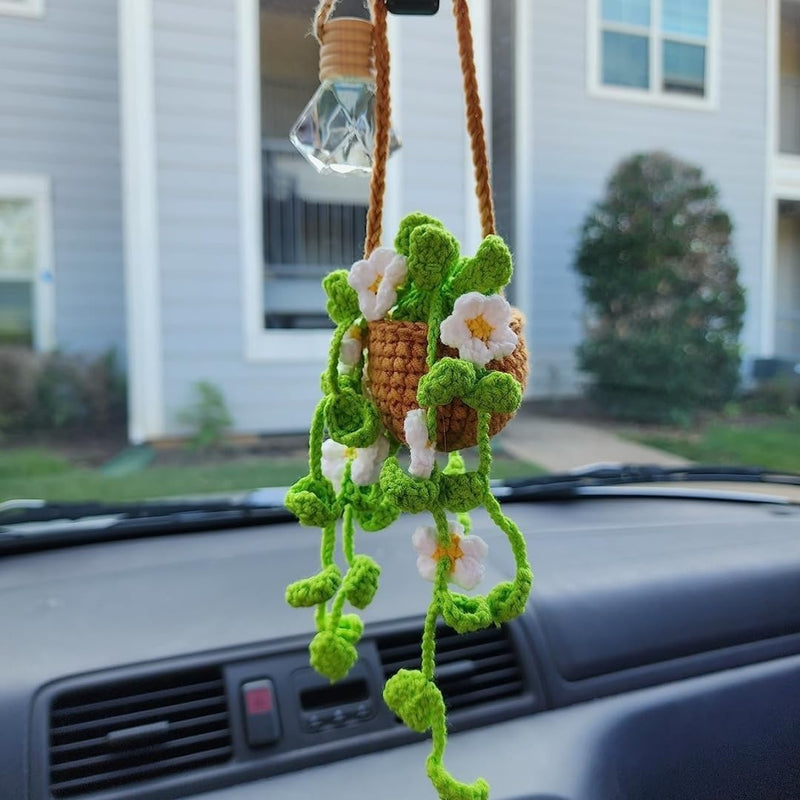 Car Mirror Hanging Accessories ， Car Rearview Mirror Decor，Cute Crochet Orchid Hanging Ornament for Women, Pendant Plant for Gift-Handmade Knitted(White Flowers) Green