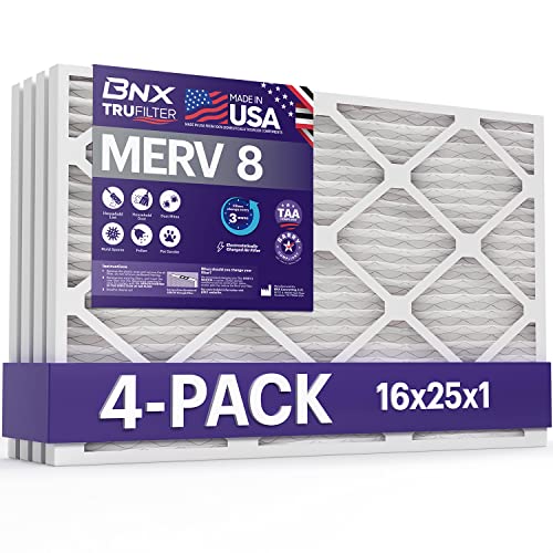 BNX TruFilter 16x25x1 Air Filter MERV 8 (4 Pack) - MADE IN USA – Dust & Pet Defense Electrostatic Pleated Air Conditioner HVAC AC Furnace Filters for Dust, Pet, Mold, Pollen MPR 600 – 700 & FPR 5 16x25x1 4-Pack