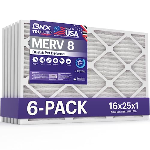 BNX TruFilter 16x25x1 Air Filter MERV 8 (6-Pack) - MADE IN USA – Dust & Pet Defense Electrostatic Pleated Air Conditioner HVAC AC Furnace Filters for Dust, Pet, Mold, Pollen MPR 600 – 700 & FPR 5 16x25x1 6-Pack