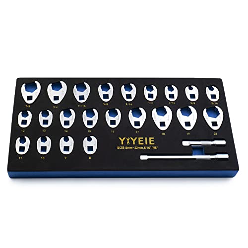 YIYEIE 3/8" Drive Crows Foot Wrench Set, 24PCS Flare Nut Crowfoot Wrench Set, Metric & SAE, 8-22mm & 5/16"-7/8", CR-V Steel, Crows Feet Wrench Set with 2 Extension Bars, Line Wrench Set with EVA Foam 6-Point Metric & Sae 24pcs