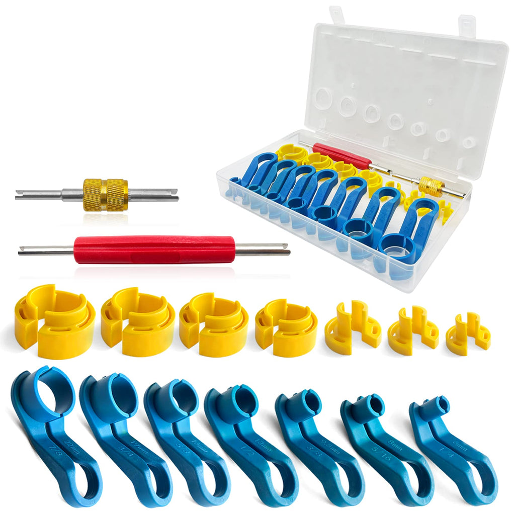 16PCS Car AC Fuel Line Disconnect Removal Tool Set with Storage Box, Valve Core Remover Tool Kit for 1/4 5/16 3/8 1/2 5/8 3/4 7/8 Inch Master Quick Disconnect Tool Kit for Auto Repair Tools