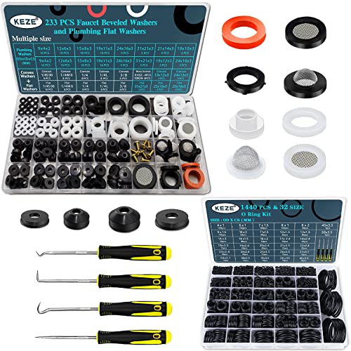 KEZE 1673 Pcs Metric O-Ring & Bevel Washer and Plumbing Flat Head Washers Assortment Kit for Faucet Automotive Hydraulic Pipe Repair