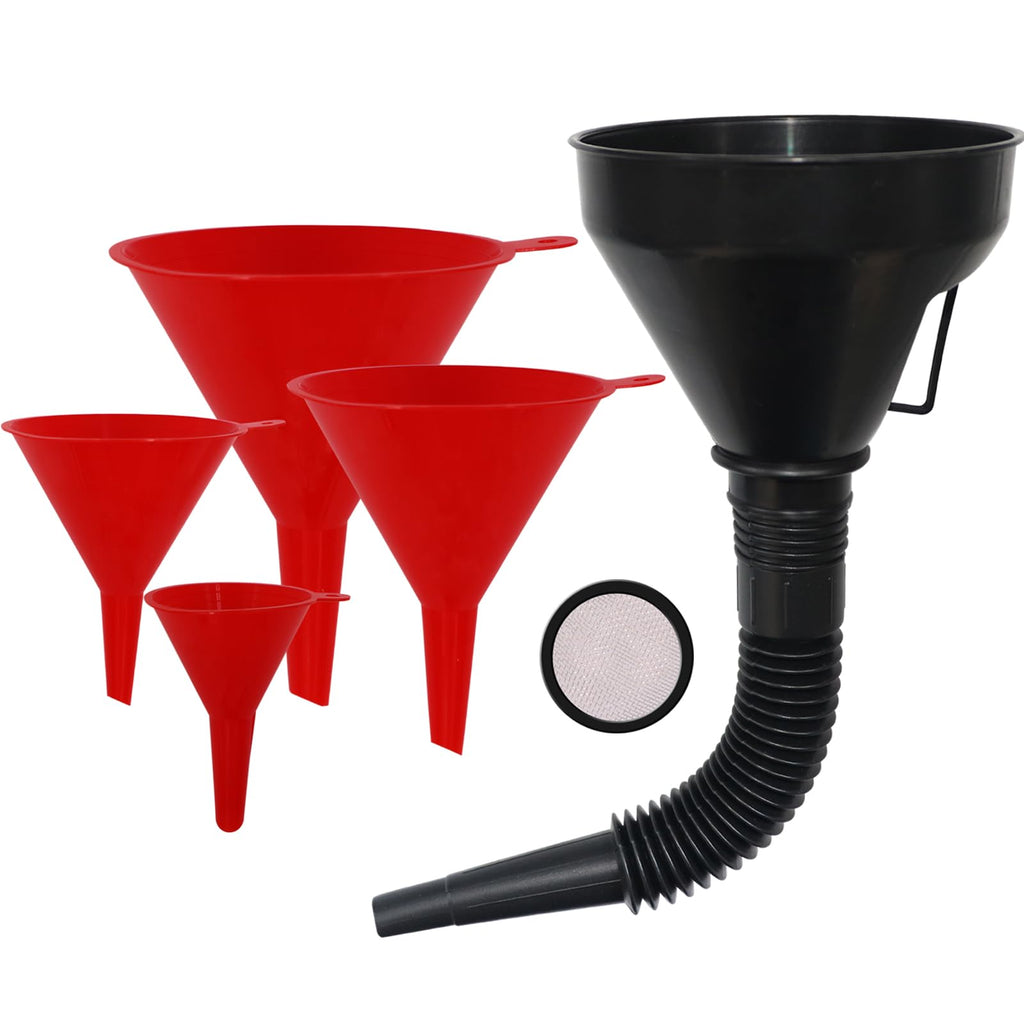 Plastic Oil Funnels for Automotive Use Set of 5, Large Flexible Fuel Funnel with Hose for Gas Transfer, Gasoline Funnels for Cars and Boat