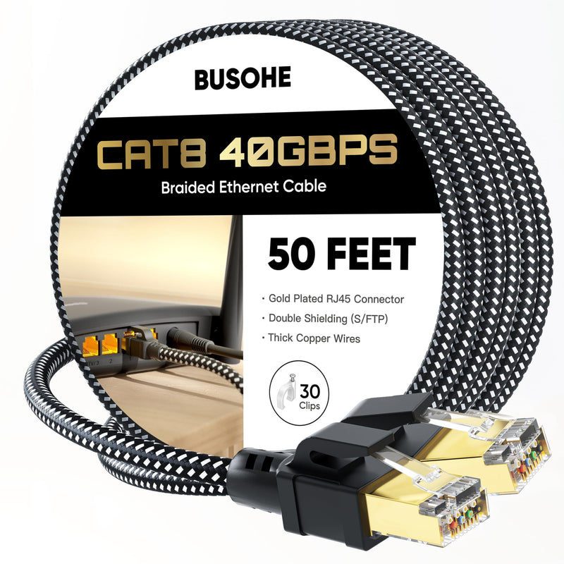 BUSOHE Cat 8 Ethernet Cable 50 FT, High Speed 40Gbps 2000Mhz Braided Network Internet Cable with Gold Plated RJ45 Connector, Heavy Duty LAN Cable S/FTP UV Resistant for Router/Gaming/PC, 30 Clips 50 feet