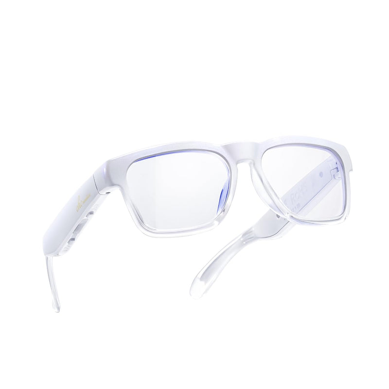 OhO Bluetooth Sunglasses,Voice Control and Open Ear Style Smart Glasses to Listen Music and Calls,UV400 Polarized Lens Shiny White Frame-blue Light Blocking Lens