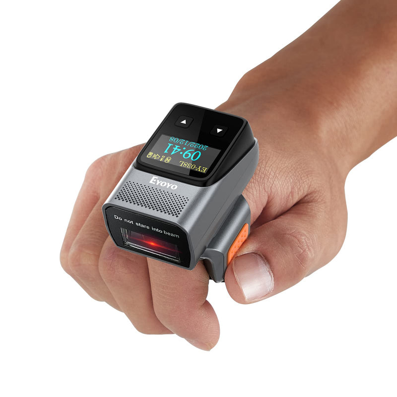 Eyoyo Wearable Bluetooth Ring Barcode Scanner with Display, Mini 1D Wireless Finger Bar Code Scanner Reader Inventory Compatible with iPad iPhone Android, Left&Right-Handed Use, Fast&Accurate Scanning Orange