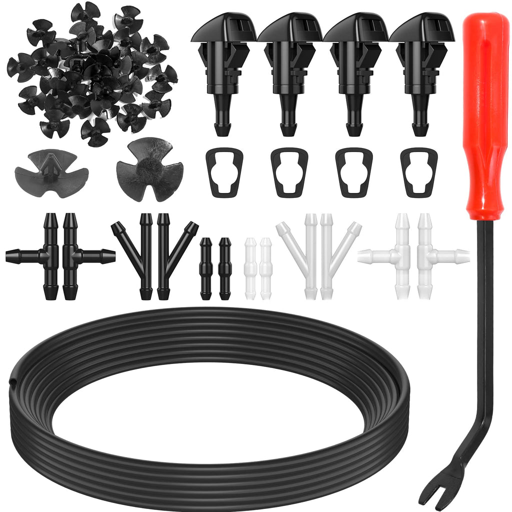 52 In 1 Windshield Washer Nozzles Kit, Replacement for Chrysler, Dodge, Jeep, Ram, Windshield Washer Nozzle Hose Kit with 4 Sprayer Nozzles, 157 Inch Fluid Hose, 12 Hose Connectors, 30 Hood Retainers