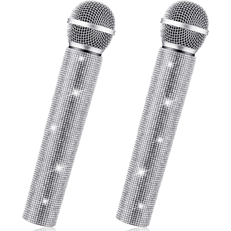 Threan 2 Pcs Fake Microphone Prop Halloween Toy Sparkly Glitter Rhinestone Bling Pretend Plastic Play Microphone Toy Mic Novelty Party Favor for Halloween Cosplay Party Costume(Silver) Silver