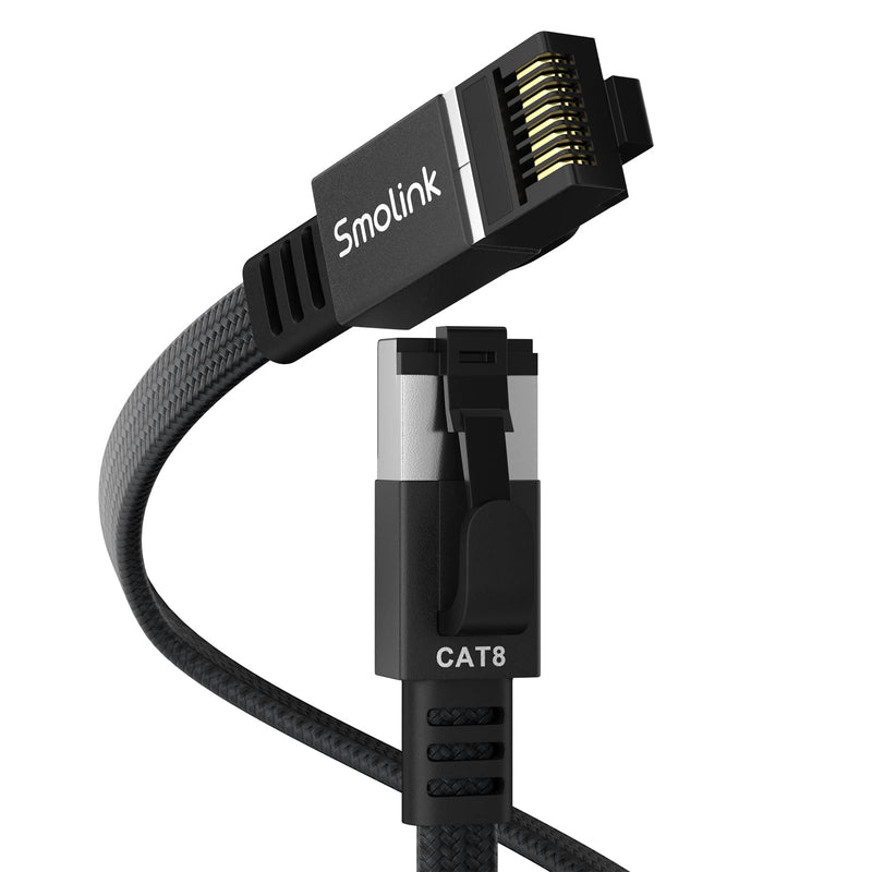 Smolink Ethernet Cable 50 ft, Cat 8 Ethernet Cable with 40Gbps 2000Mhz High Speed Ethernet Cable, Shielded Heavy Duty SFTP RJ45 LAN Cable Patch Cord for Modem Router Gaming PC PS4/5/6 Xbox, Black Braid Flat Cat8 50ft