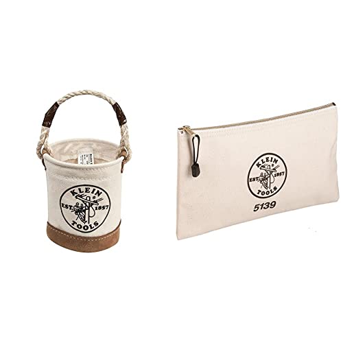Klein Tools 5104MINI Mini Tool Bucket, Leather-Bottom & 5139 Zipper Bag, Canvas Tool Pouch 12.5 x 7 x 4.25-Inch with Heavy Duty Brass Zipper Close, Natural Bucket + Zipper Bag