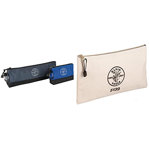 Klein Tools 55559 Stand-Up Zipper Bag Tool Pouch, 2-Pack & 5139 Zipper Bag, Canvas Tool Pouch 12.5 x 7 x 4.25-Inch with Heavy Duty Brass Zipper Close, Natural Tool Pouch + Zipper Bag, Natural