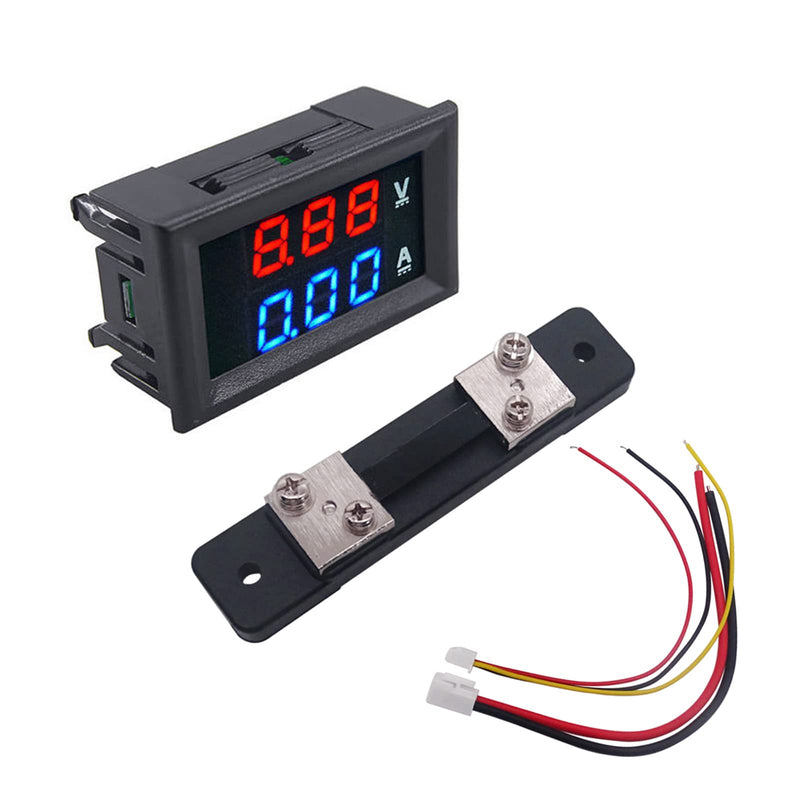 0.28" Digital Voltmeter Ammeter,LED Red&Blue Dual Digital Display Multimeter DC 0-100V 50A Detector Voltage Current Meter Gauge Tester with 50A Shunt (50A+Shunts) 50A+Shunts