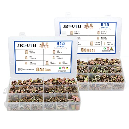 Rivet Nut Kit, 915pcs SAE + 915pcs Metric Threaded Rivnut Assortment, Zinc Plated Carbon Steel Nut Inserts Rivnuts Nutserts Kit - JROUTH