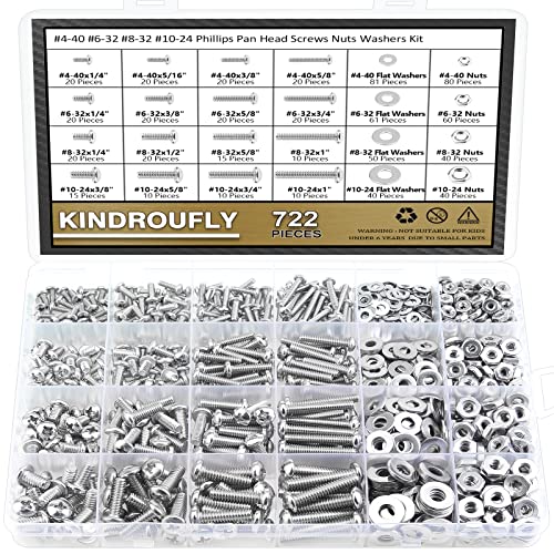 722 Pieces #4-40#6-32#8-32#10-24, Phillips Pan Head Machine Screws Nuts Assortment Kit, 304 Stainless Steel, Fully Machine Thread #4-40 #6-32 #8-32 #10-24