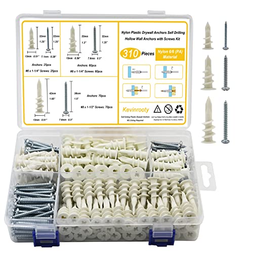 3 Sizes Self Drilling Drywall Anchors, 310PCS Nylon Plastic Wall Anchors and Screws for Drywall, No Pre Drill Hole Preparation Required,13x32mm,15x33mm,13x42mm 3