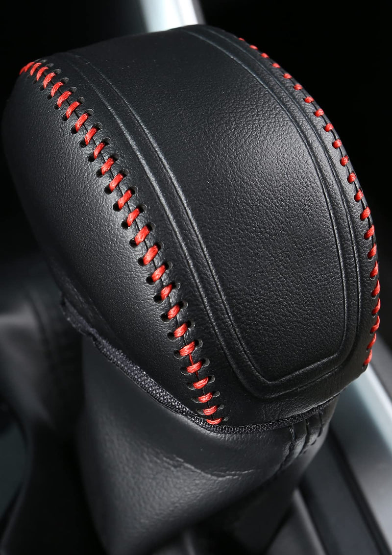 for RAV4 2019-2024 Gear Shift Knob Cover, Genuine Leather Interior Protective Gear Shift Trim for Toyota Highlander 2020-2024- Red Trim wholly wrapped Leather Red Trim