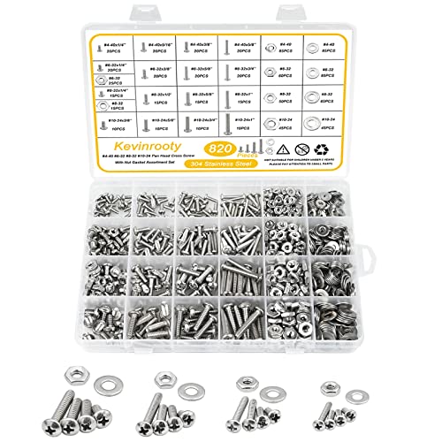 820Pcs 304 Stainless Steel Nuts and Bolts Assortment Kit, 10-24#8-32#6-32#4-40 Phillips Pan Head Assorted Nuts Bolts and Flat Washers with Case