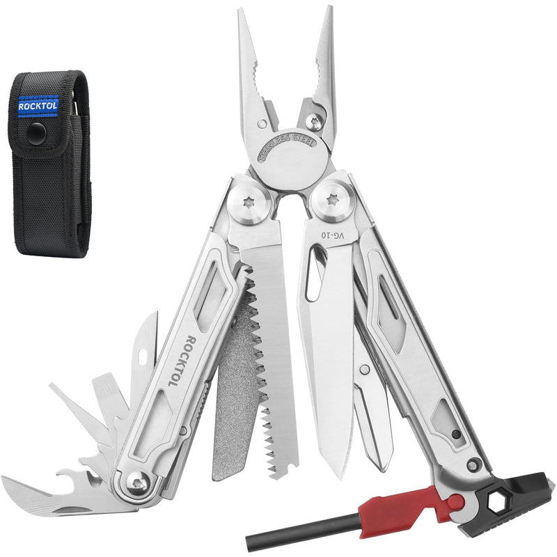 ROCKTOL Multitool SK04, VG-10 Blade, 22-in-1 Multi-tool Pliers with Fire Starter, Emergency Whistle, Glass Breaker, Safety Locking and Nylon Sheath for Survival, Camping, multi tool for men VG-10 Knife Blade