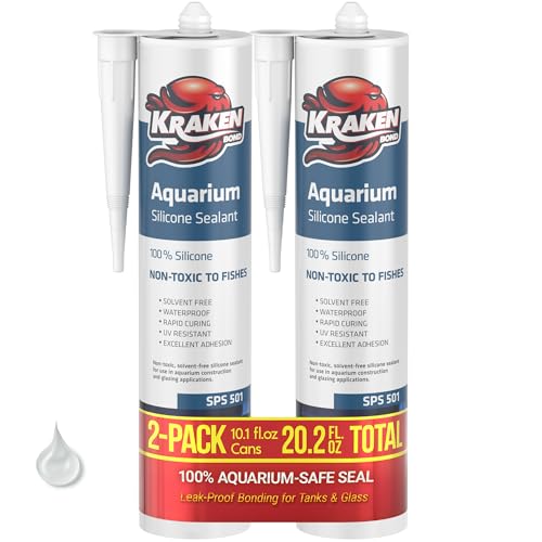 Kraken Bond Aquarium Silicone Sealant Clear - (2x10.1 fl. oz.) 100% Waterproof Aquarium Safe Silicone, Non-Toxic Fish Tank Safe Sealant, Fast Curing and Strong Adhesion, 2 Pack