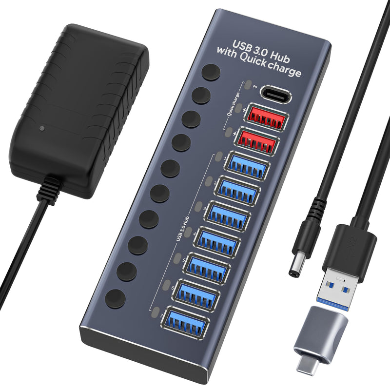 Boost Your Device Performance With Our Aluminum USB 3.0 Hub! 10-Port Splitter for Seamless Connectivity - 7 High-Speed Data Transfer, 2 Intelligent Charging, 1 PD Charging hub-9port+1pd