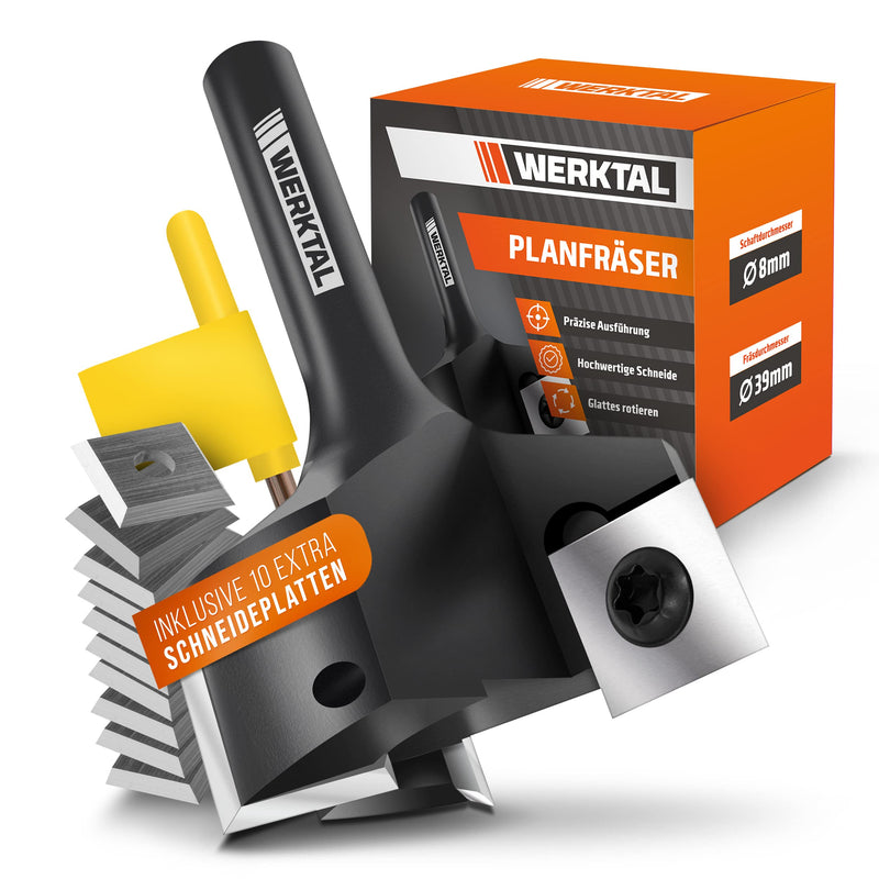 WERKTAL - Face Milling Cutter 8 mm Shank [39 mm Diameter] - Precise Planer Cutter with 10 Extra Indexable Inserts - Professional Face Milling Cutter for 8 mm Router & CNC Milling - End Mill & Dressing Cutter