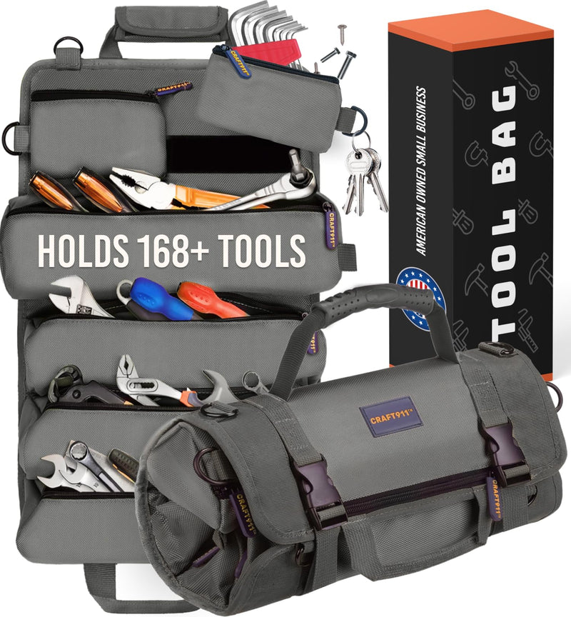 CRAFT911 Durable Tool Bag Organizers w/Detachable 6 Tool Pouches - Small | Compact & Lightweight Tool Roll Up Organizer for Electrician, Mechanic, Hobbyist Gray