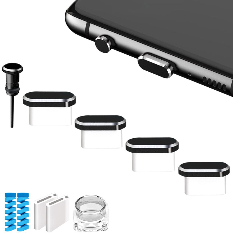 USB C Anti Dust Plugs Protector, Waterproof C Port Cover Cap Phone Charm 4 PCS Compatible with iPhone 15 Plus Pro Max Samsung Galaxy S24/S23/S22/S21/S20 Ultra Earbuds Wireless Charging (Black) Black