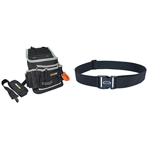 Melo Tough Professional Electrician Tool Pouch Shoulder Tool Carrier with Multiple Pockets + Tool Web Work Belt Buckle 2" inch Wide Belt Black Simple Style