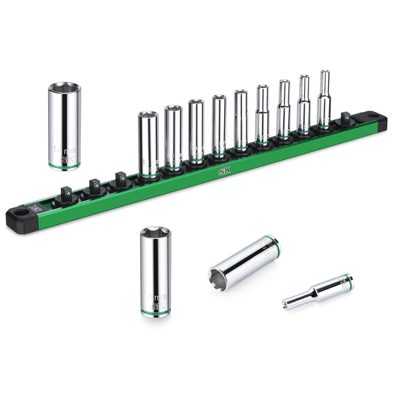 SK 1/4" Drive Socket Set, Deep Metric Sockets, 13-Piece 4-14 mm, SuperKrome Finish, Premium CR-V Construction, with Aluminum Socket Organizer 0.16 - 0.55 inch