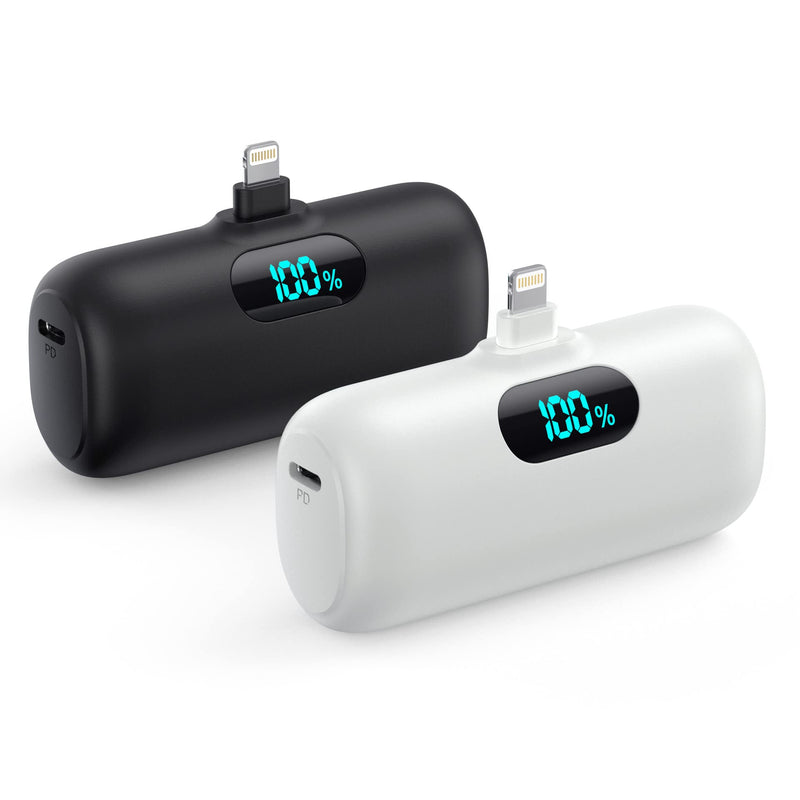 [2 Pack]Mini Portable Charger 5000mAh,Ultra-Compact 15W PD Fast Charging Power Bank,LCD Display Cute Battery Pack Backup Charger Compatible with iPhone 14/14 Pro Max/13/13 Pro/12/XR/8/7/6-Black+White Black+White