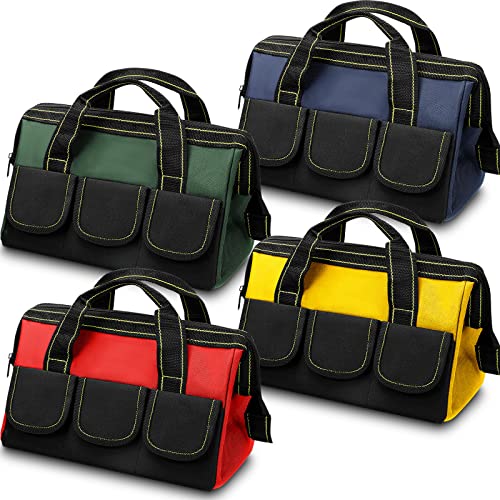 4 Pieces Tool Bag with Waterproof Strong Molded Base Multi Pockets Wide Mouth Tool Tote Multifunctional Large Capacity Organizer Heavy Duty Tools Storage Bag for Men Carpenter Electrician 13 Inch Multicolor