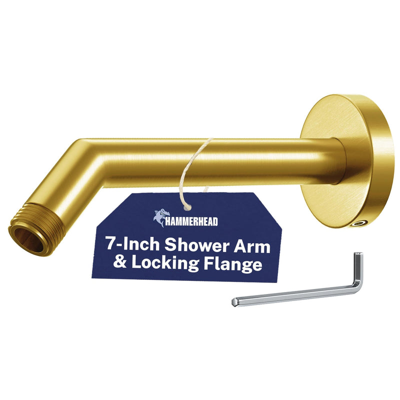 HammerHead® Solid Metal Shower Arm and Flange - 7.5 Inch 304 Stainless Steel Extension Pipe - Universal Shower Head Arm with Flange and Locking Screw, Brushed Gold