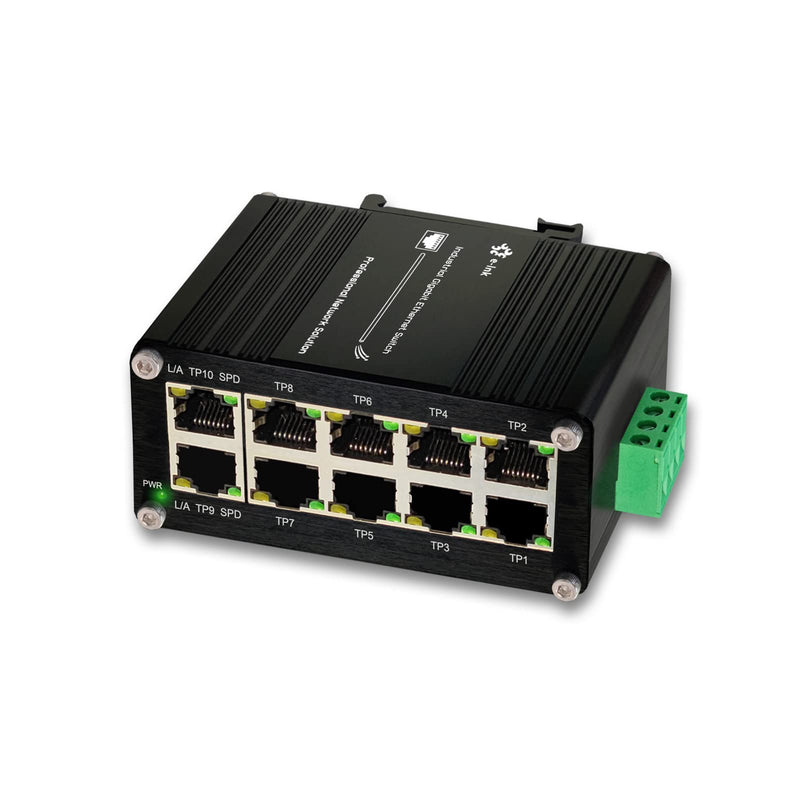 Industrial 10 Port Gigabit Ethernet Switch, RJ45 10/100/1000Mbps Mini Din Rail Mount Ethernet Switch, 12-48V DC Hardened Unmanaged Network Switch 20Gbps Switching Capacity 10 RJ45 Switch