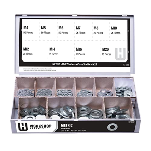 Workshop Hardware Fastener Assortment Kit, Metric Flat Washers Set, Regular, 280 Piece Variety, M4, M5, M6, M7. M8, M10, M12, M14, M16, M20 Diameters Gray 280 Pieces