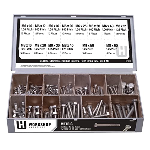 Workshop Hardware Fastener Assortment Kit, Metric Stainless Steel Hex Cap Screw Set, 134 Piece Variety, M6-1.00 and M8-1.25 Diameters Gray 134 Pieces Hex Cap Screws