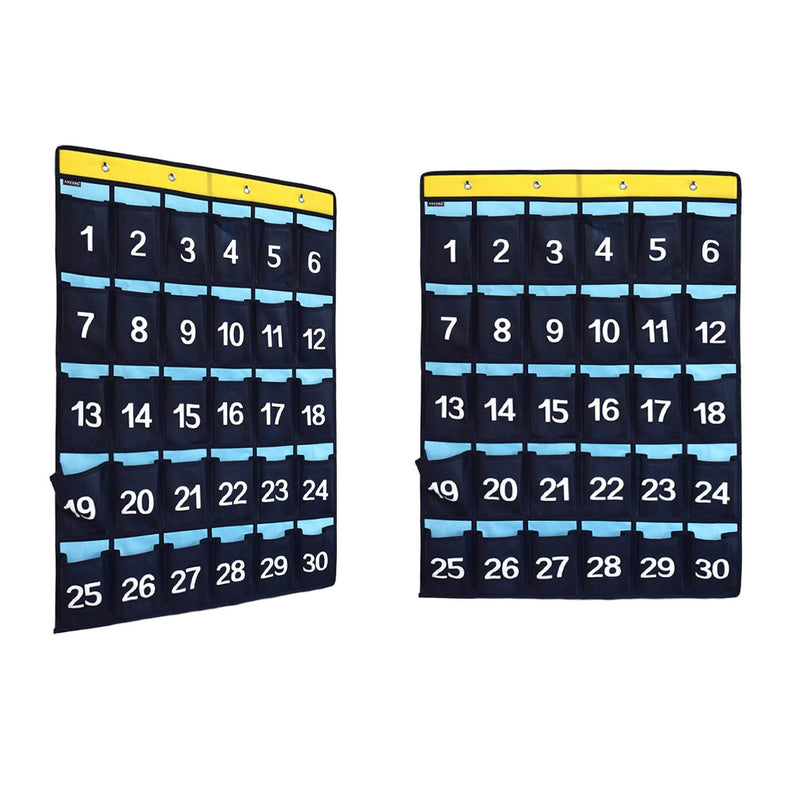 2 Pack Numbered Classroom Phone Organizer Calculator Holder Storage Over Door Hanging School Pocket Chart with 30 Pockets (Blue) Blue